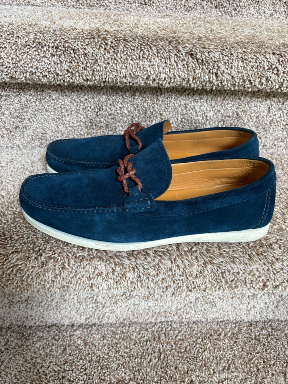 Magnanni Men's Suede Moccasin Loafers in Teal with Braided Accent